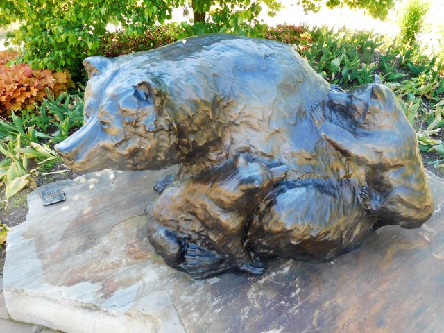 Mama bear and her baby, one of the sculptures in the Wellfield Botanical Garden within walking distance of our home.