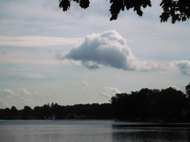 A bulbous cloud with a tail trails across the sky over the St. Joseph River.