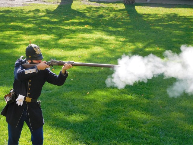 Rifle firing demonstration at Fort Mackinac.